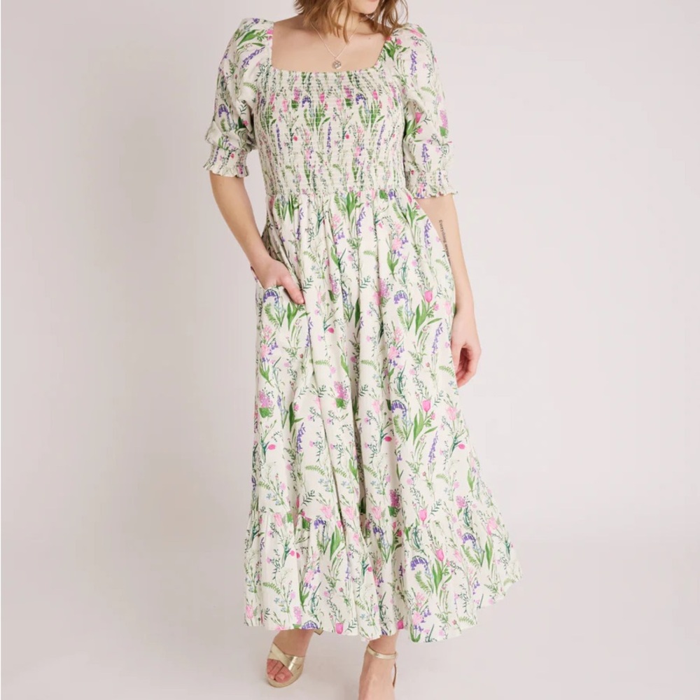 Muthahood Tulip Fields Floral Shirred Bust Midi Dress size L NWT